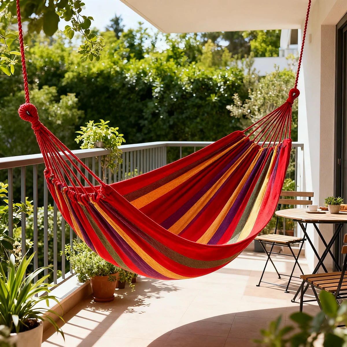 Colorful Double Hammock 2-Person Canvas Cotton Hammock with Tree Straps for Patio, Garden, Backyard, Outdoor & Indoor (Red and Blue)