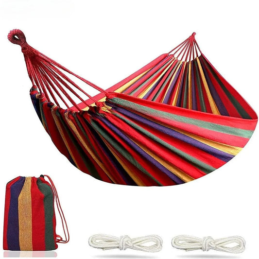 Colorful Double Hammock 2-Person Canvas Cotton Hammock with Tree Straps for Patio, Garden, Backyard, Outdoor & Indoor (Red and Blue)