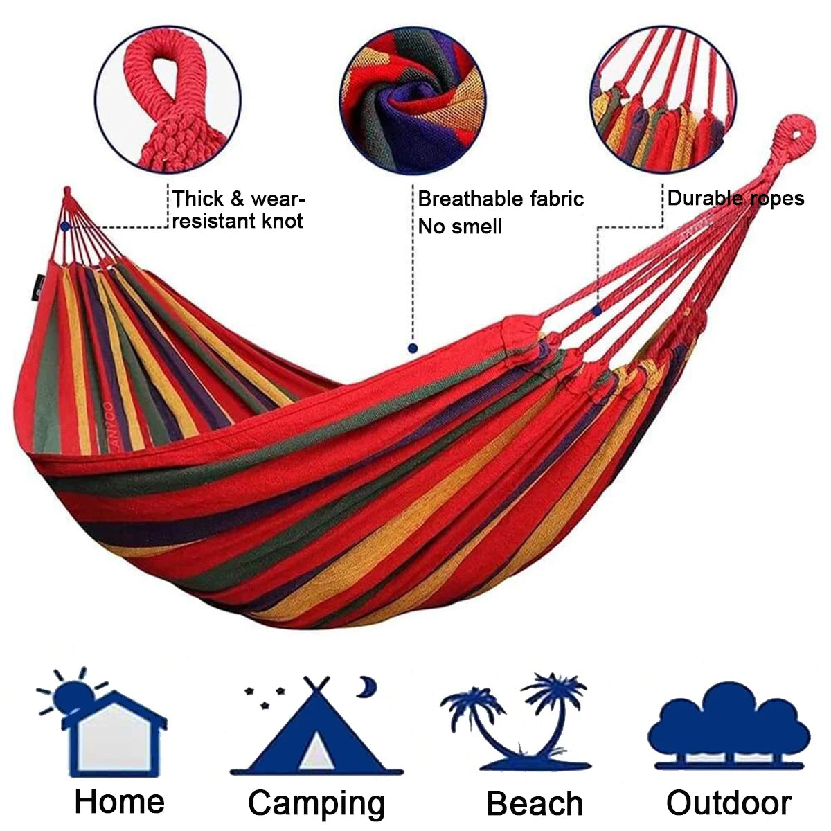 Colorful Double Hammock 2-Person Canvas Cotton Hammock with Tree Straps for Patio, Garden, Backyard, Outdoor & Indoor (Red and Blue)