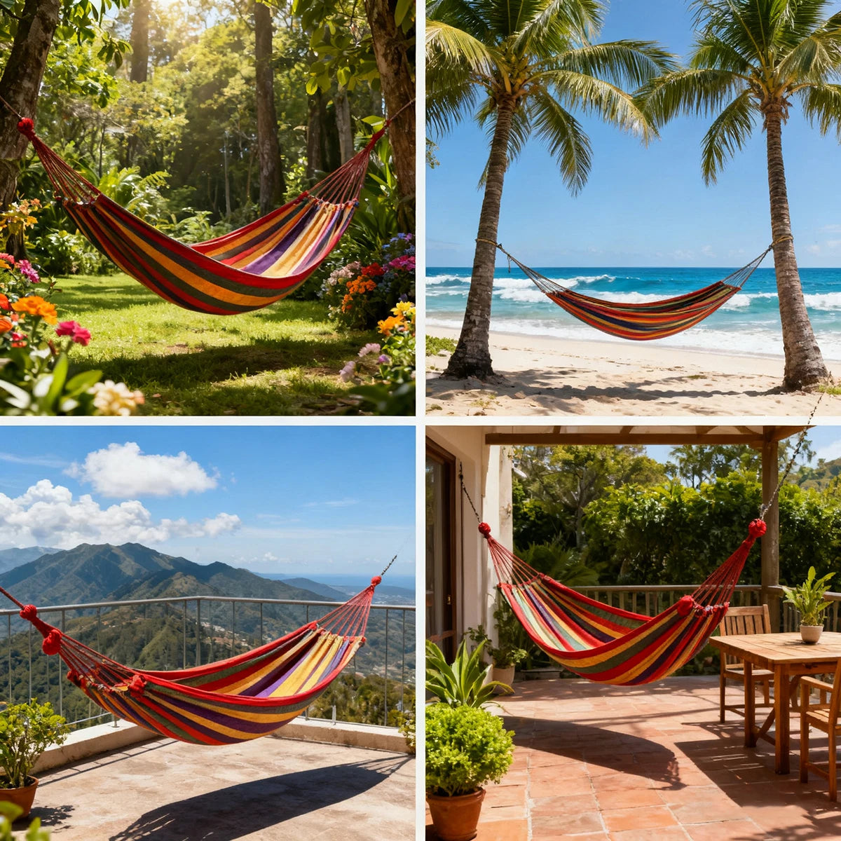 Colorful Double Hammock 2-Person Canvas Cotton Hammock with Tree Straps for Patio, Garden, Backyard, Outdoor & Indoor (Red and Blue)