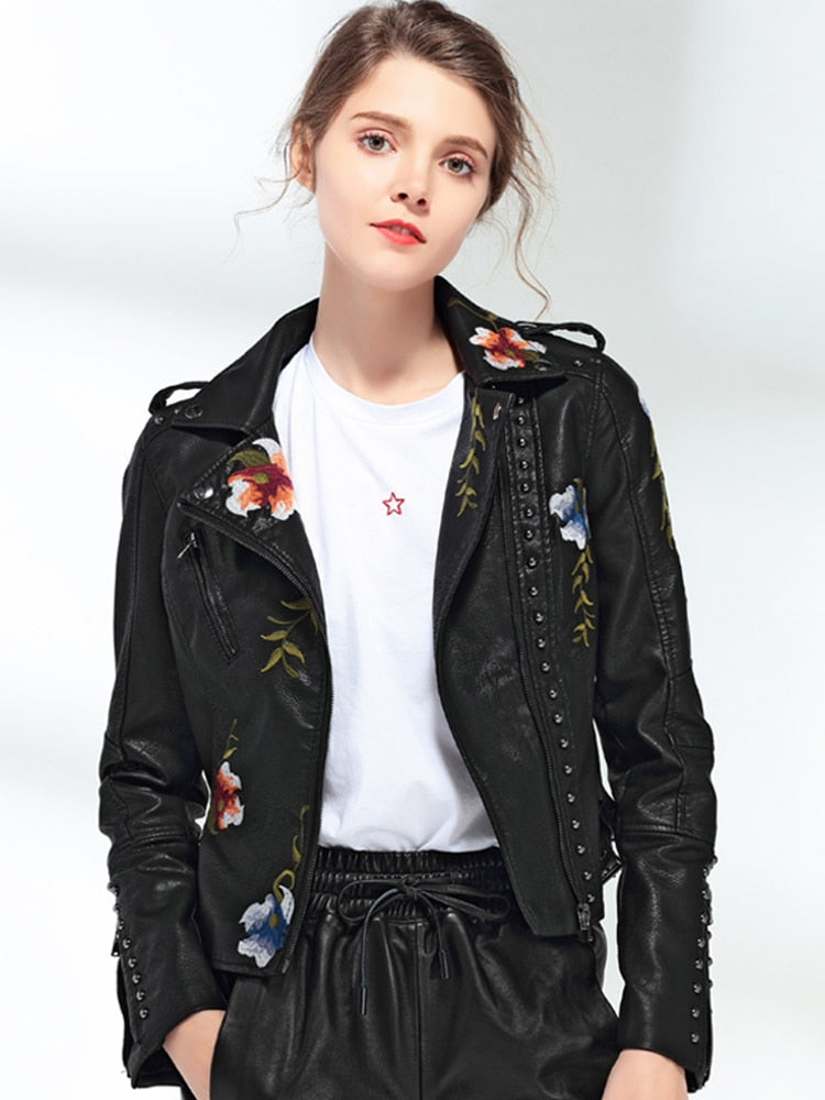 WOMEN'S EMBROIDERED FAUX LEATHER & SUEDE JACKET